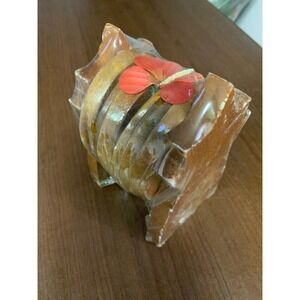 Dole Vintage Wood Pineapple Coaster Set with Holder Brown 6 Piece Hawaii New